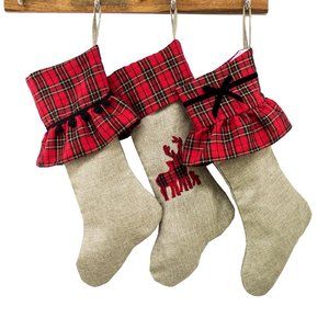 Set of 3 Tartan Plaid Ruffle Decorative Christmas Stockings
